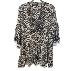 XL Boho Ikat Mini Dress Tiered Ruffle Bell 3/4 Sleeves Siya Madrid Gold Black